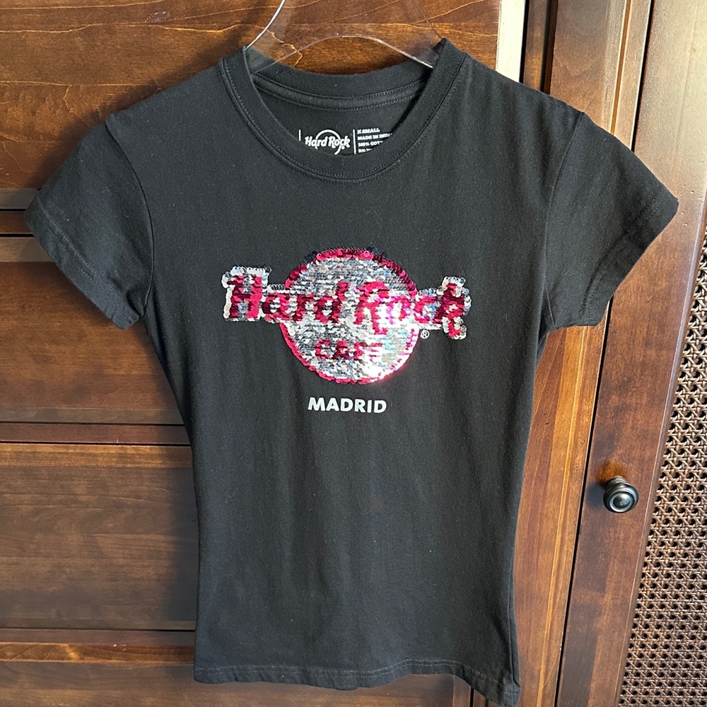 HARD ROCK CAFE Madrid Flippable Sequin Cotton Tee Black SIZE XS EUC